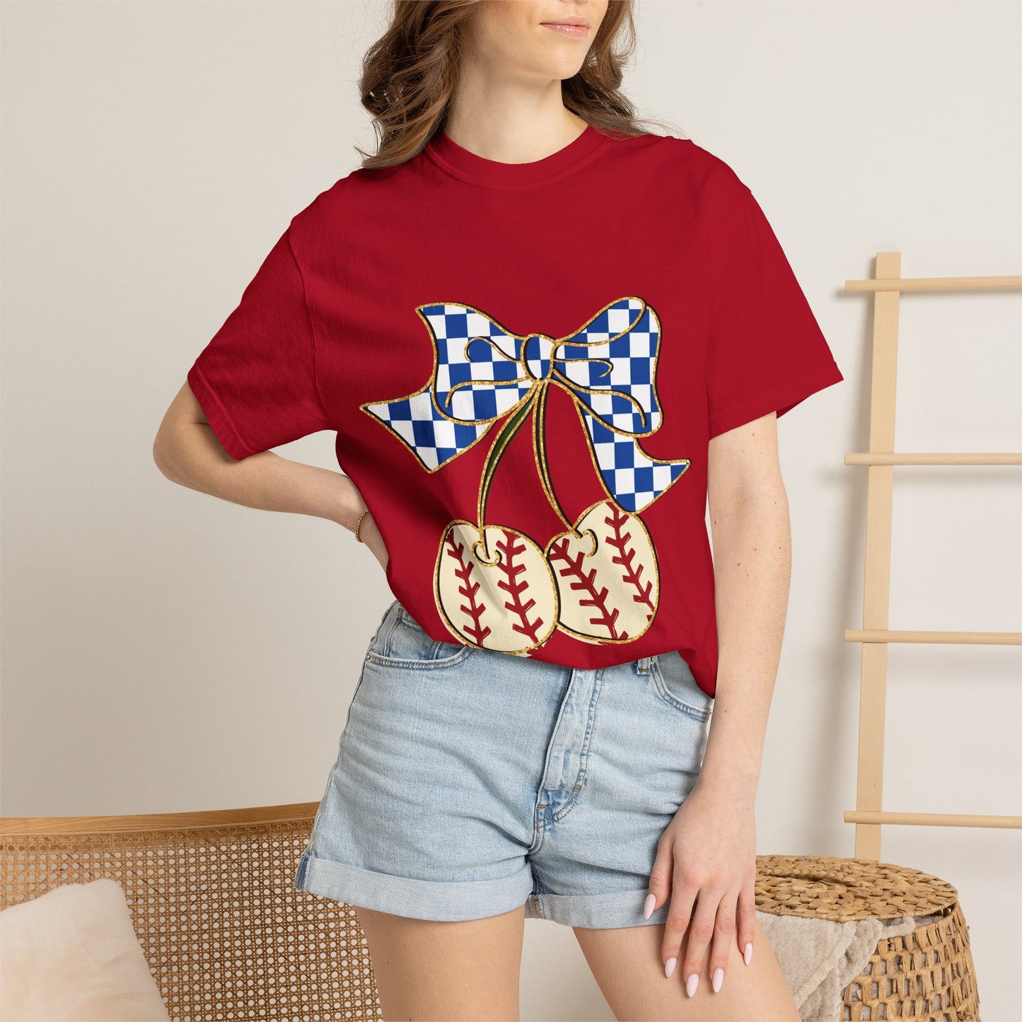 Checkered Bow Baseball Cherries T-Shirt | Sports Graphic Tee