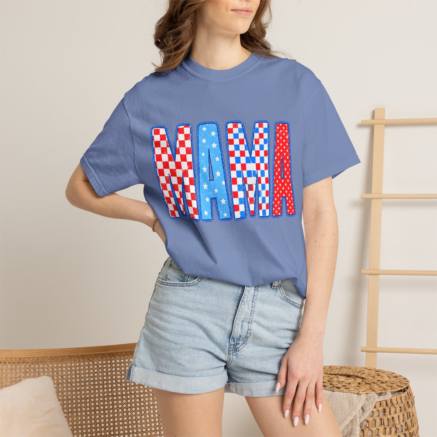 Mama Patriotic Graphic T-Shirt — Red, White & Blue Checkered Lettering