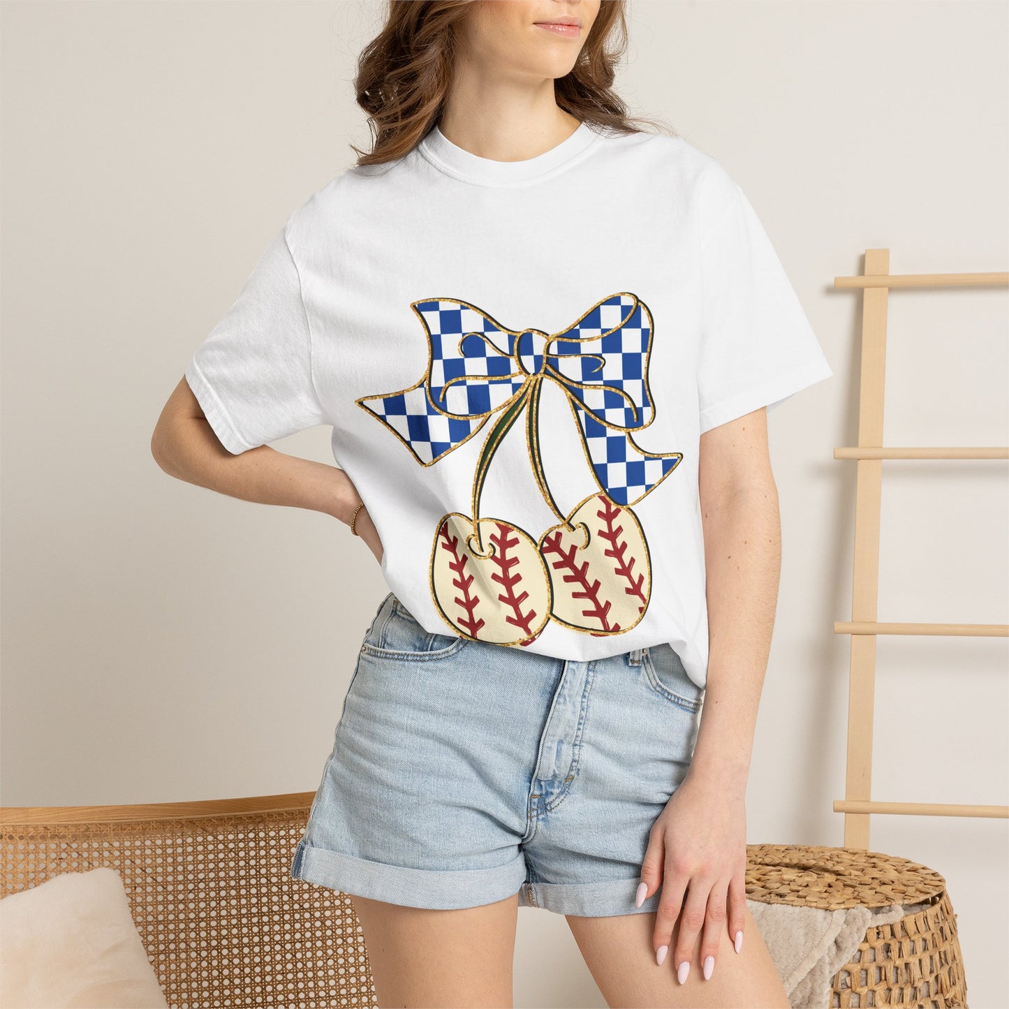 Checkered Bow Baseball Cherries T-Shirt | Sports Graphic Tee