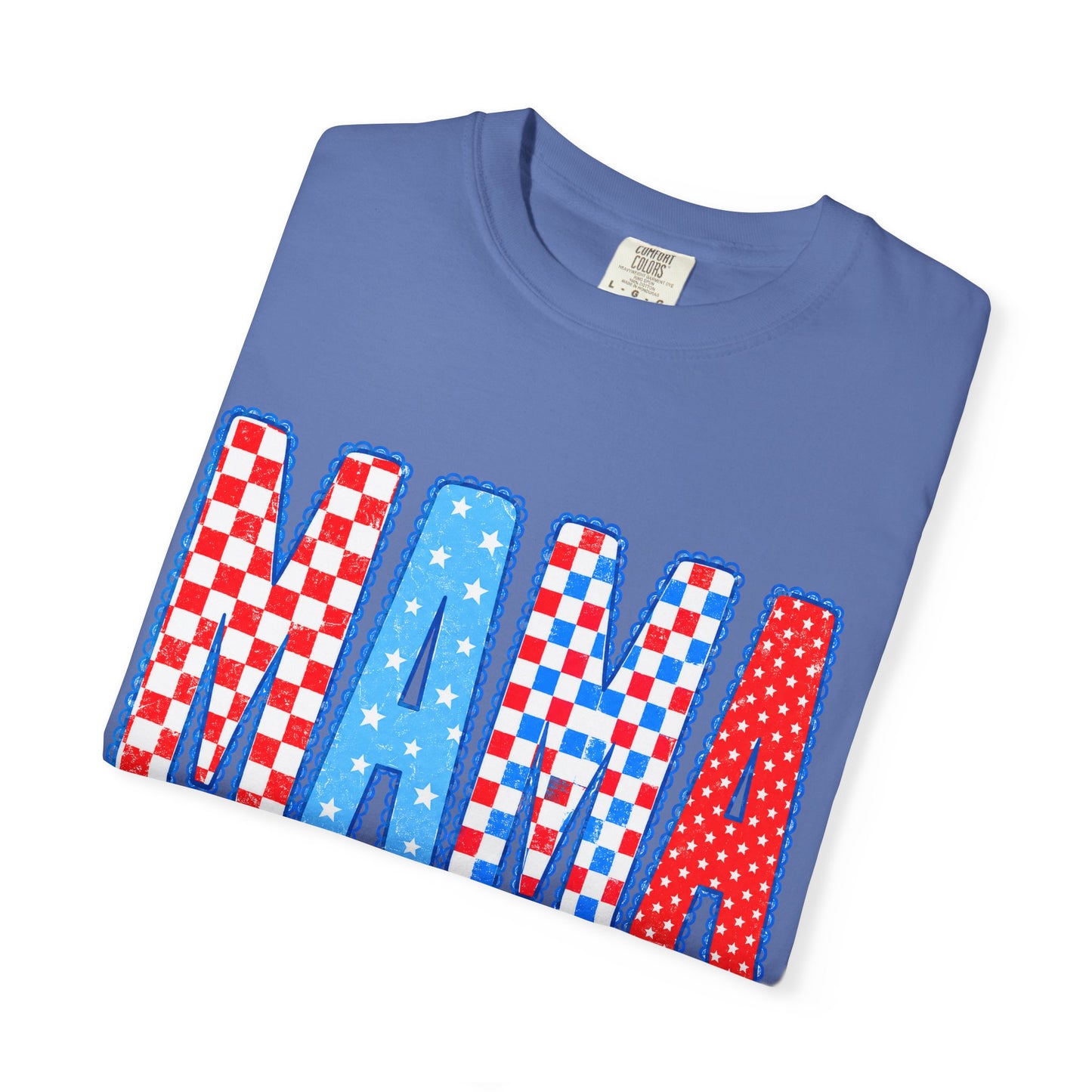 Mama Patriotic Graphic T-Shirt — Red, White & Blue Checkered Lettering