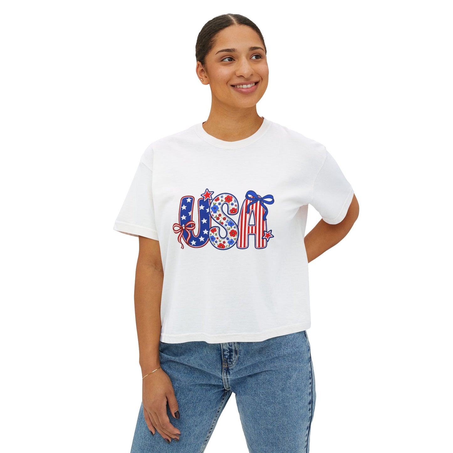USA Patriotic Boxy Tee — Women's 4th of July Red White Blue Graphic