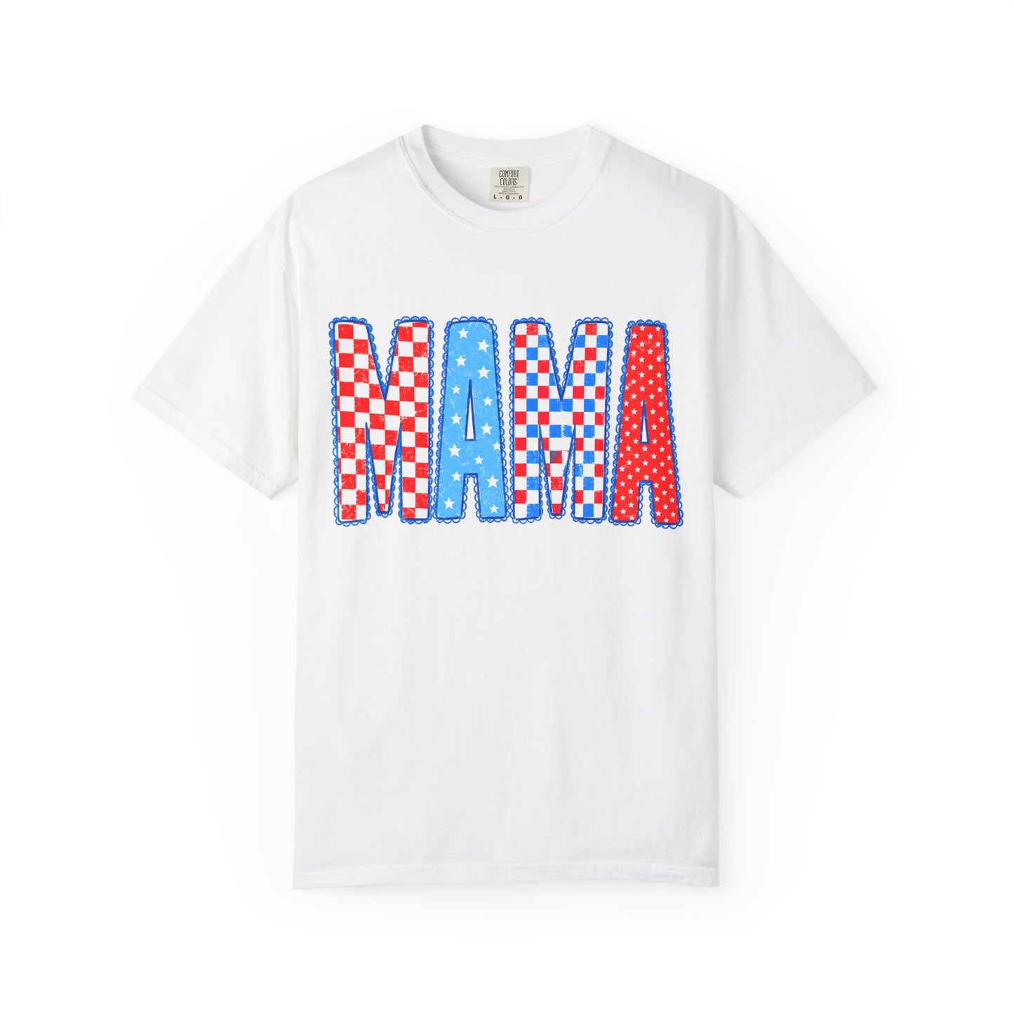 Mama Patriotic Graphic T-Shirt — Red, White & Blue Checkered Lettering