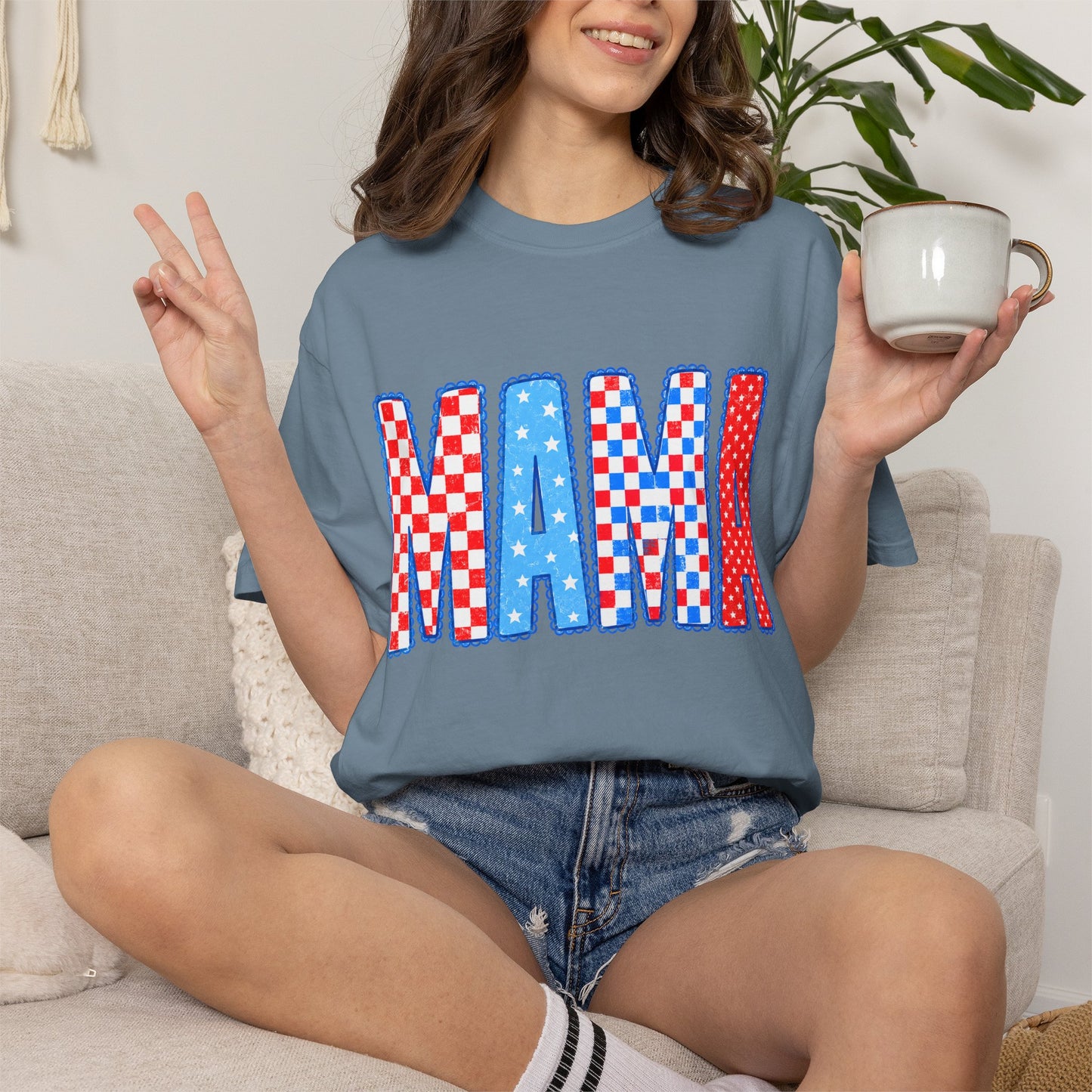 Mama Patriotic Graphic T-Shirt — Red, White & Blue Checkered Lettering