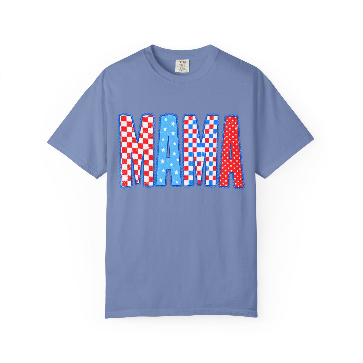 Mama Patriotic Graphic T-Shirt — Red, White & Blue Checkered Lettering