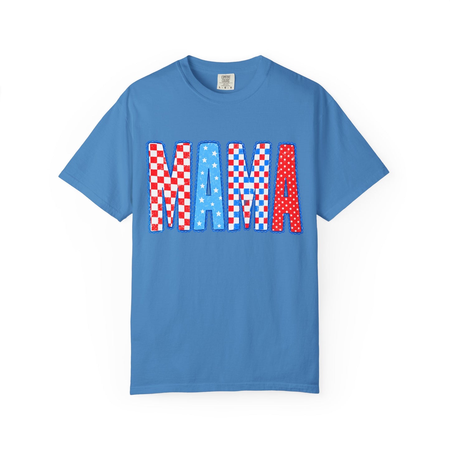 Mama Patriotic Graphic T-Shirt — Red, White & Blue Checkered Lettering