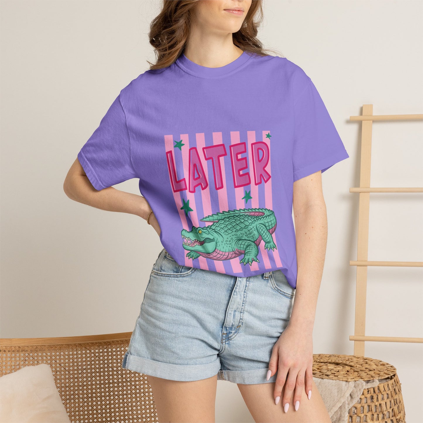 Later While T-Shirt — Retro Pink Striped Alligator Graphic Tee