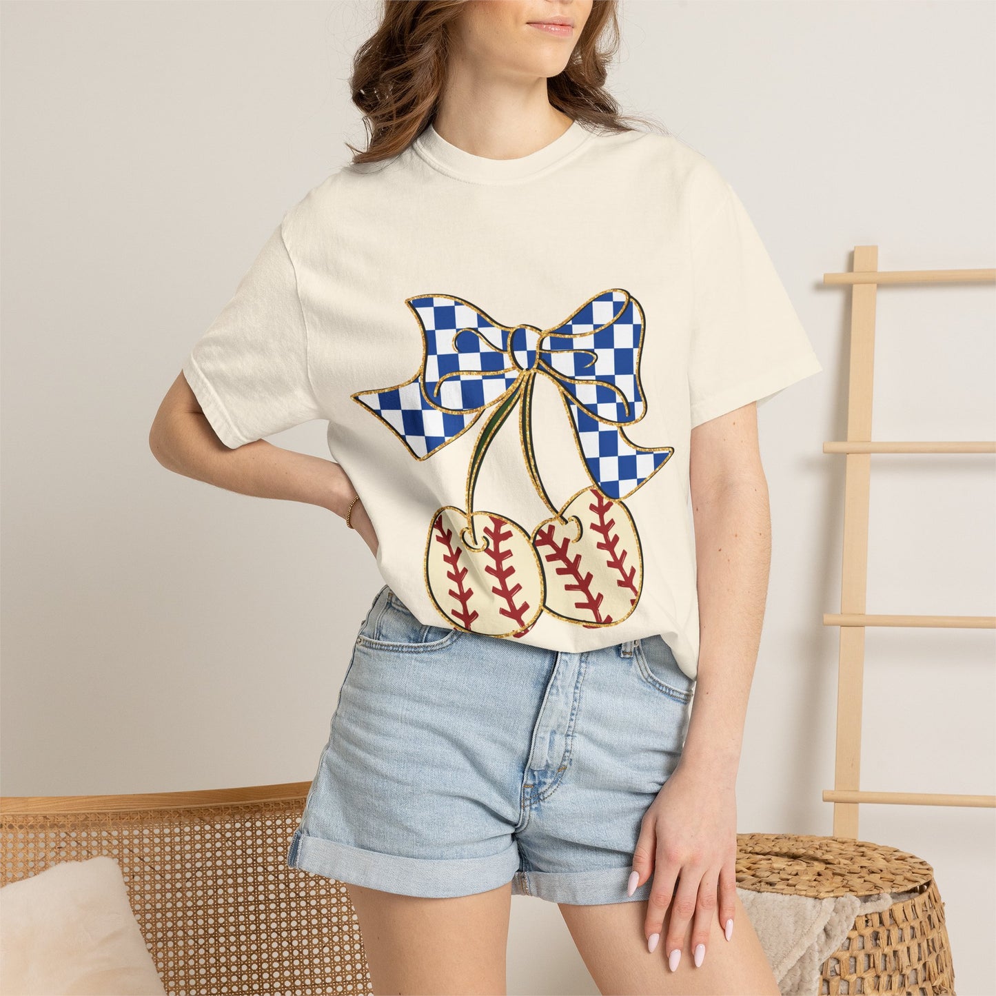Checkered Bow Baseball Cherries T-Shirt | Sports Graphic Tee