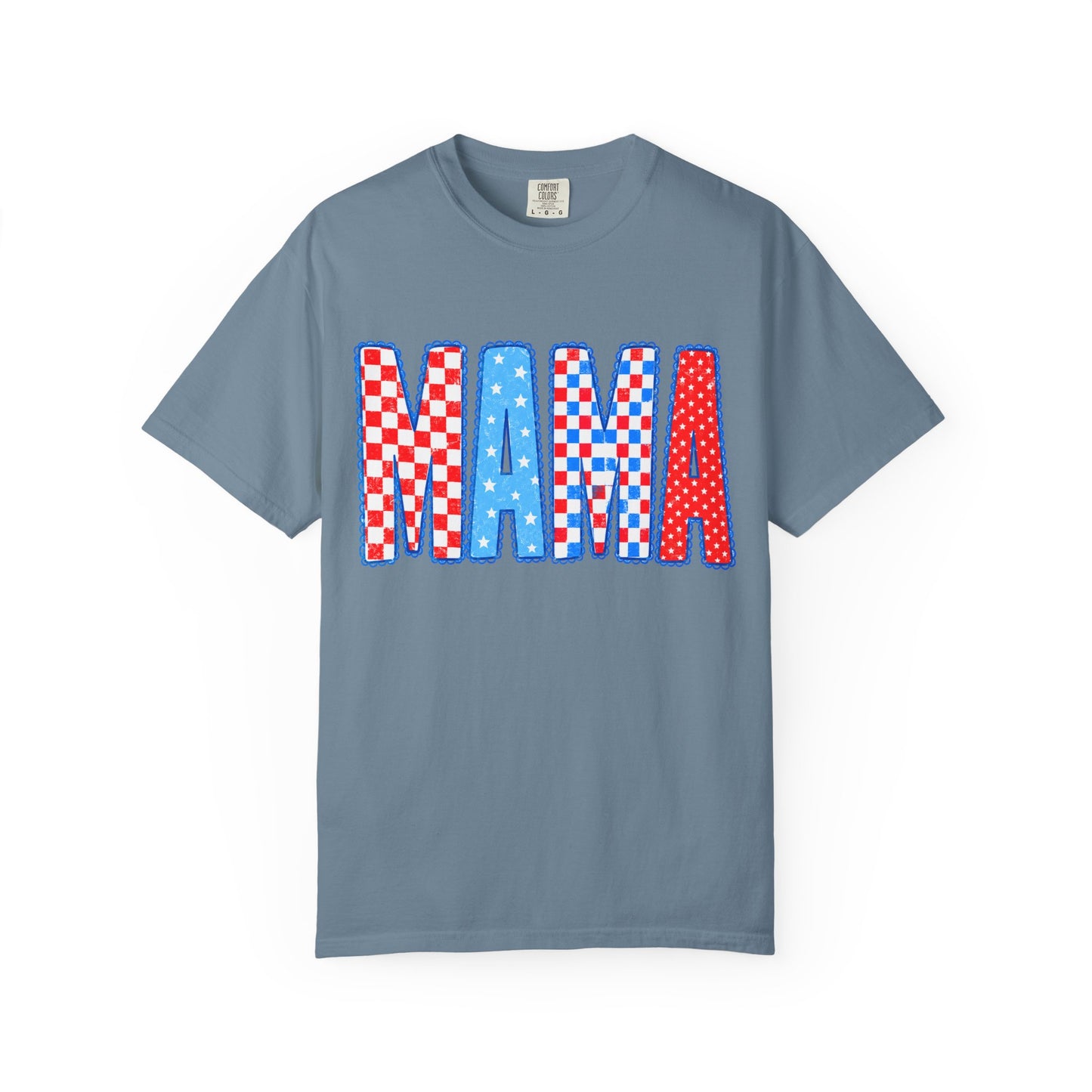 Mama Patriotic Graphic T-Shirt — Red, White & Blue Checkered Lettering