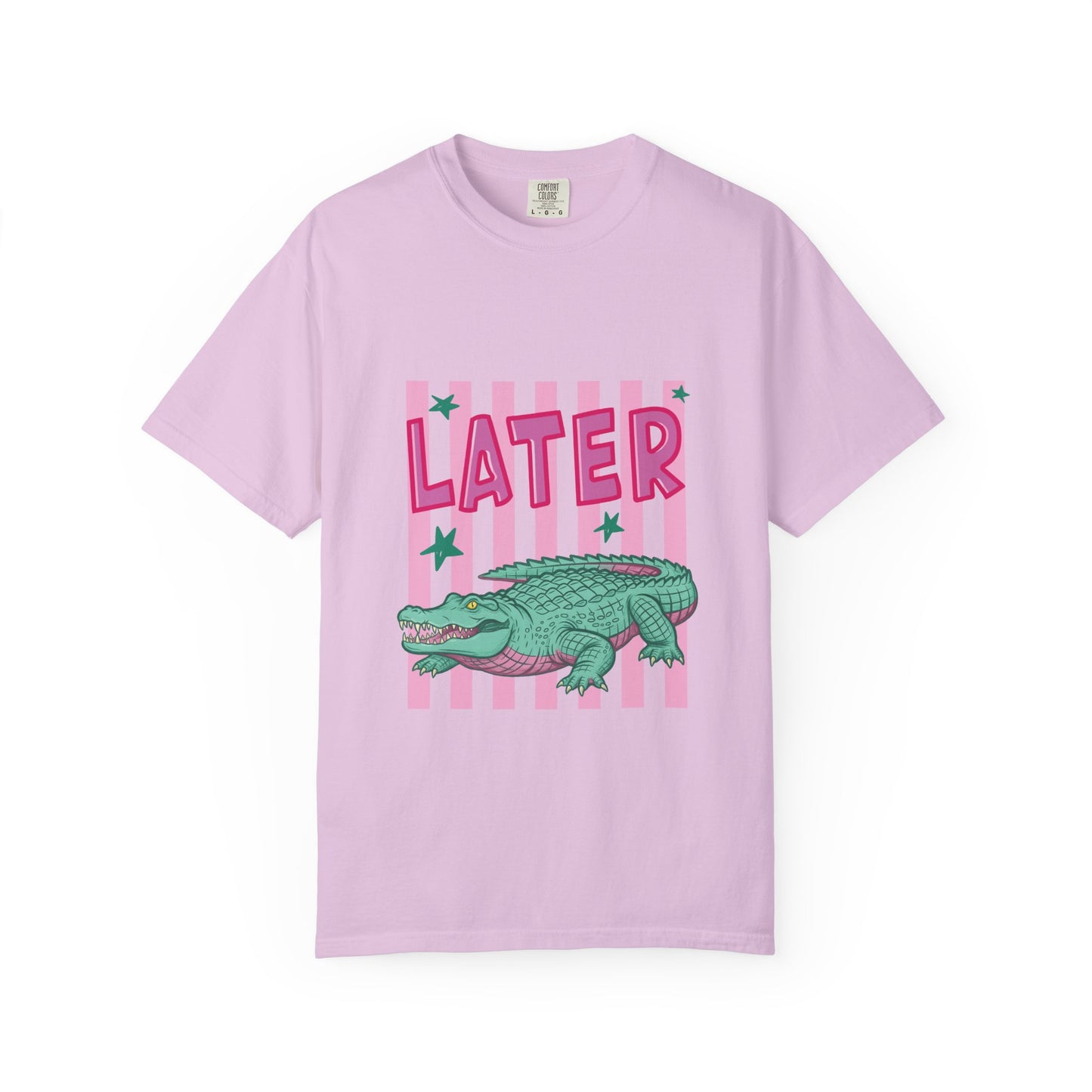Later While T-Shirt — Retro Pink Striped Alligator Graphic Tee