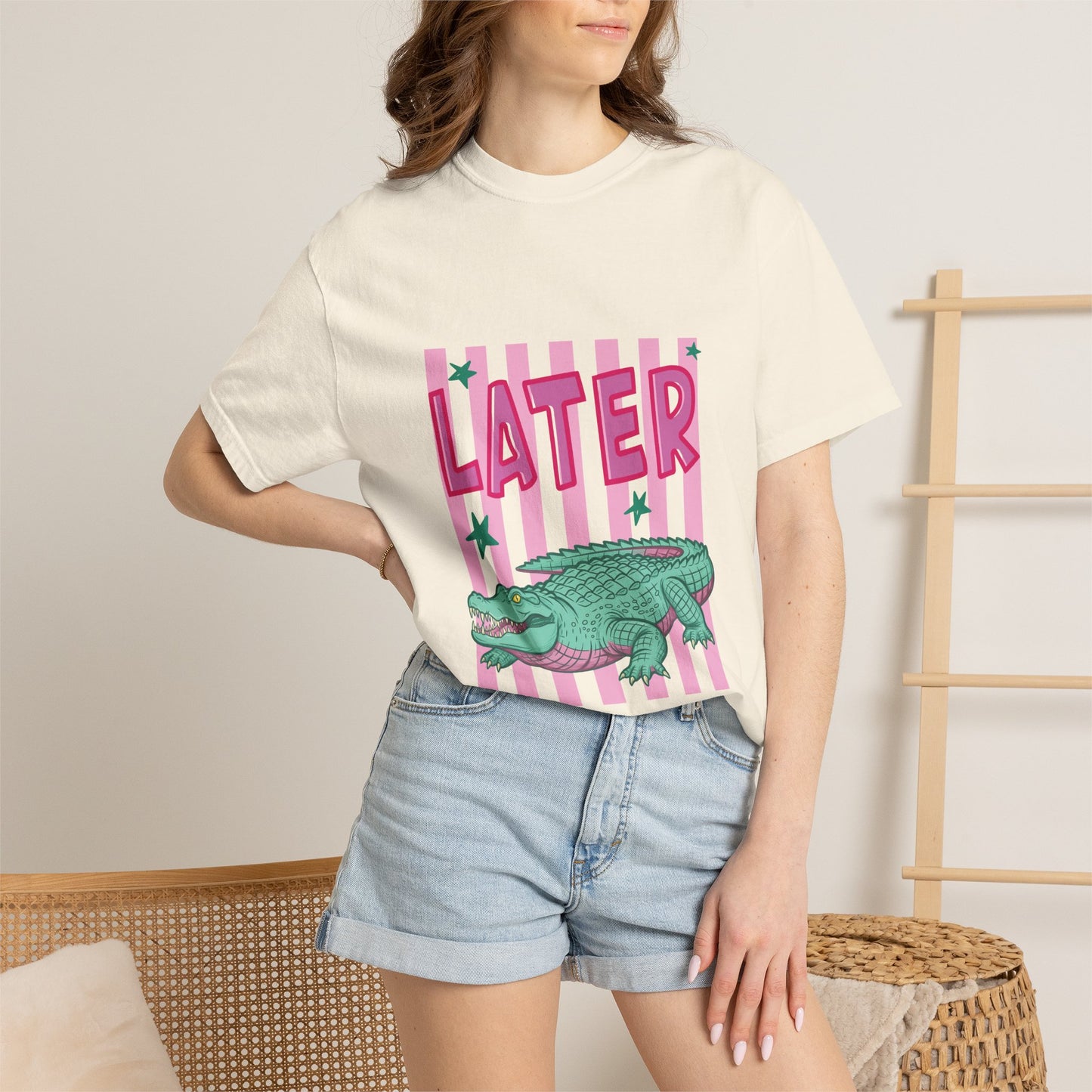 Later While T-Shirt — Retro Pink Striped Alligator Graphic Tee