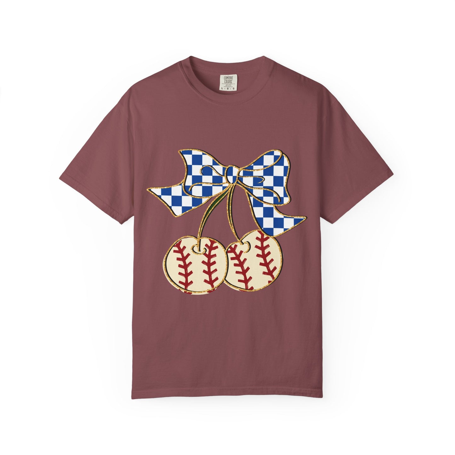 Checkered Bow Baseball Cherries T-Shirt | Sports Graphic Tee