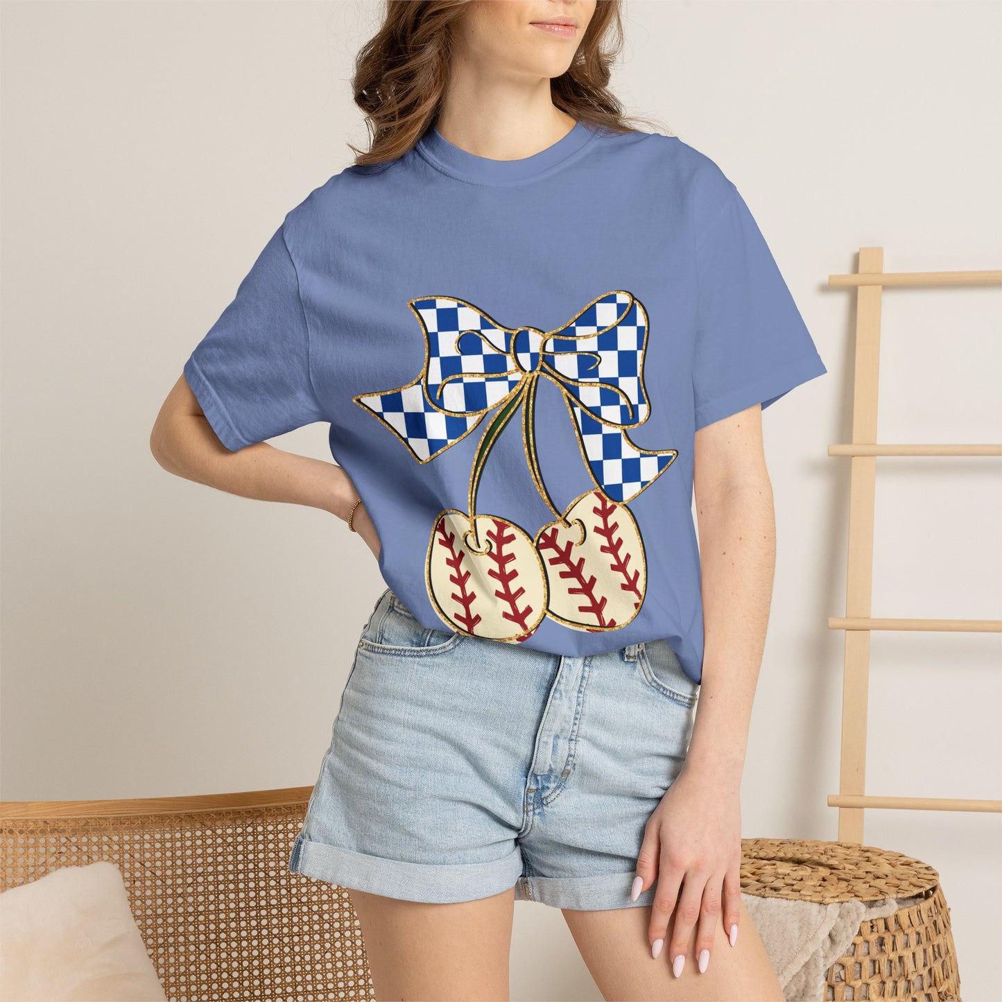 Checkered Bow Baseball Cherries T-Shirt | Sports Graphic Tee