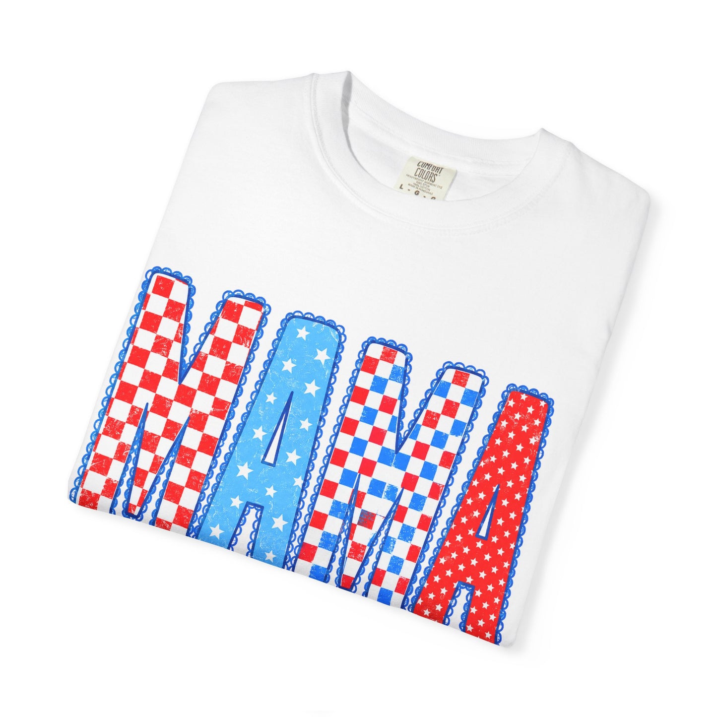Mama Patriotic Graphic T-Shirt — Red, White & Blue Checkered Lettering