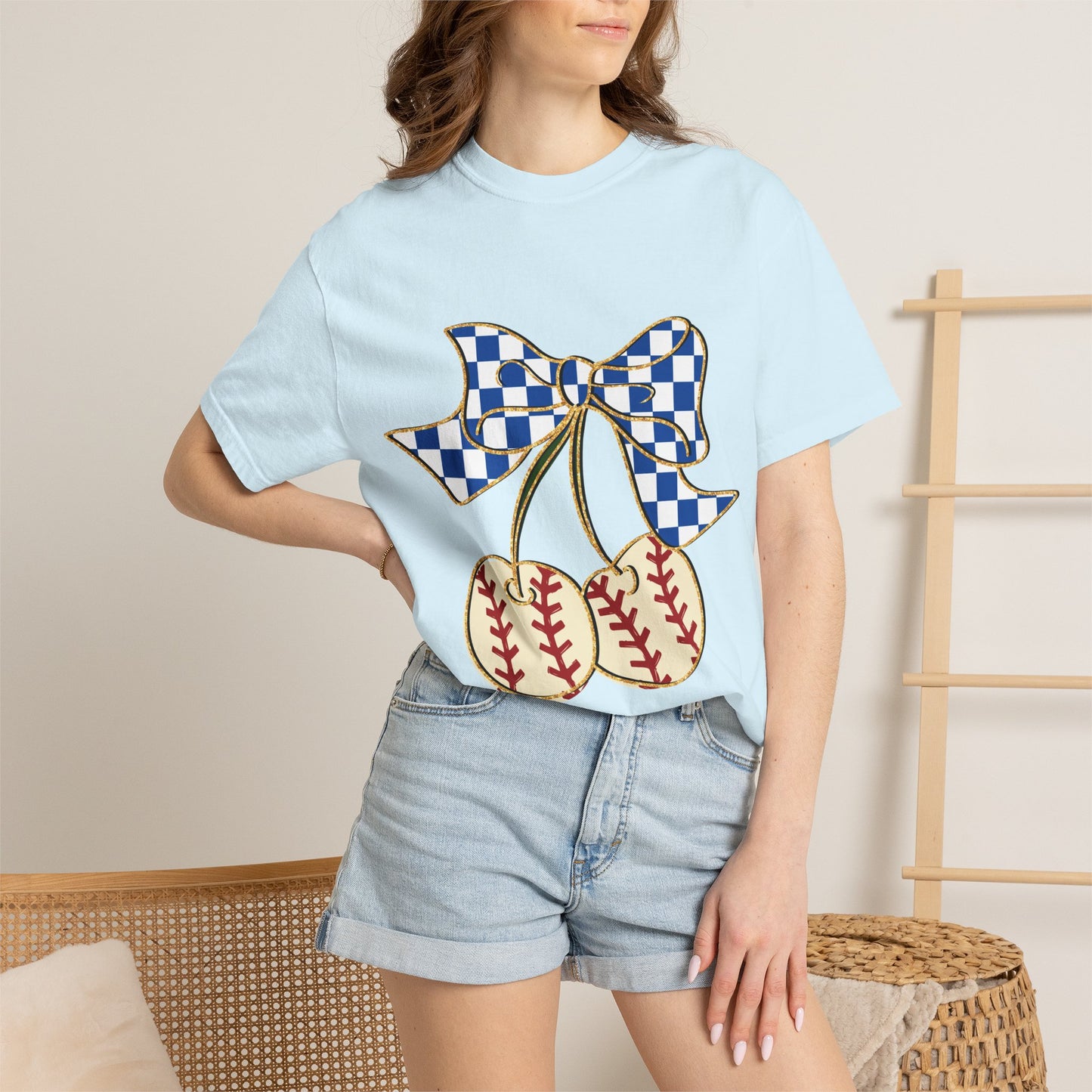 Checkered Bow Baseball Cherries T-Shirt | Sports Graphic Tee