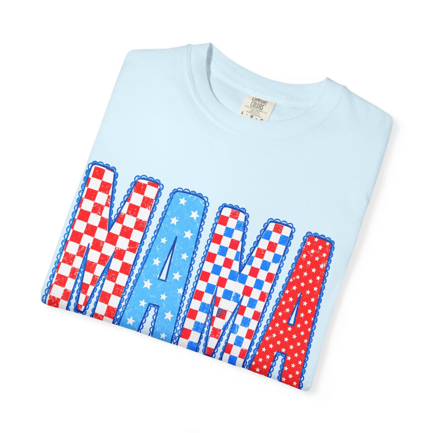 Mama Patriotic Graphic T-Shirt — Red, White & Blue Checkered Lettering