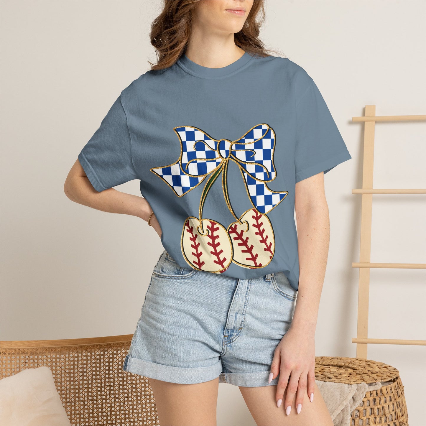Checkered Bow Baseball Cherries T-Shirt | Sports Graphic Tee