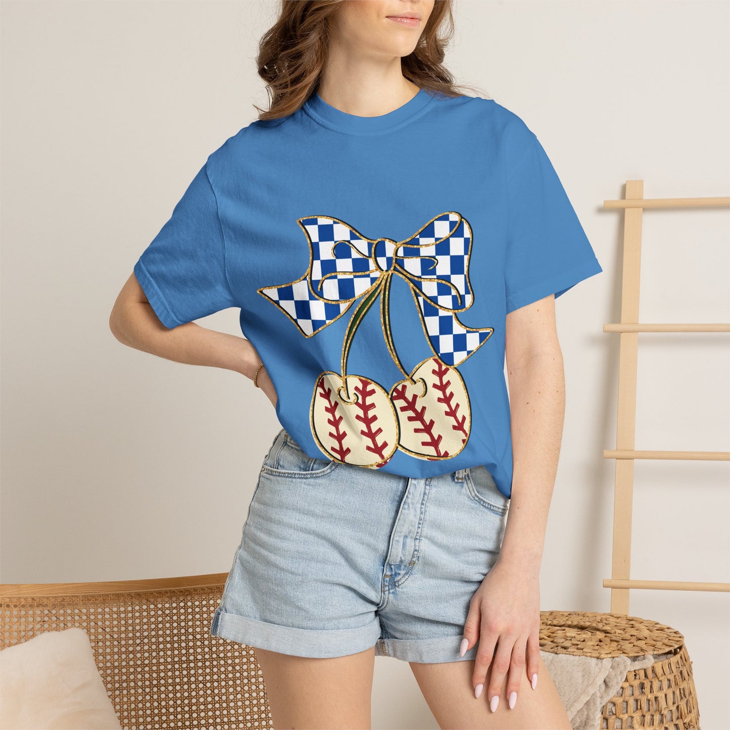 Checkered Bow Baseball Cherries T-Shirt | Sports Graphic Tee