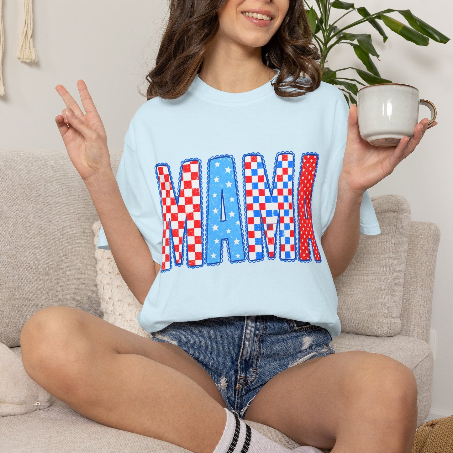 Mama Patriotic Graphic T-Shirt — Red, White & Blue Checkered Lettering
