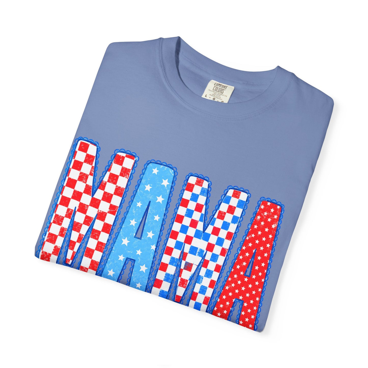Mama Patriotic Graphic T-Shirt — Red, White & Blue Checkered Lettering