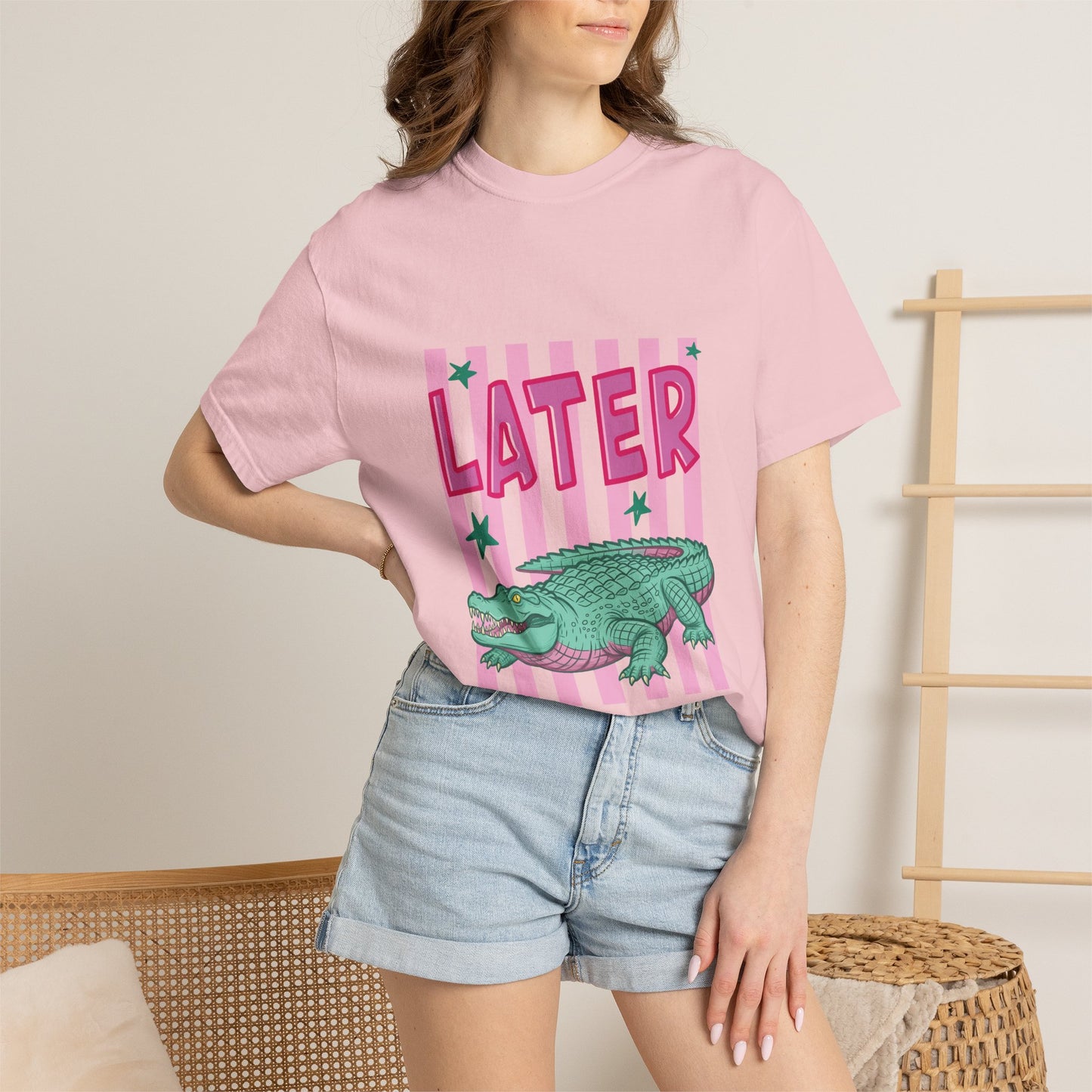 Later While T-Shirt — Retro Pink Striped Alligator Graphic Tee