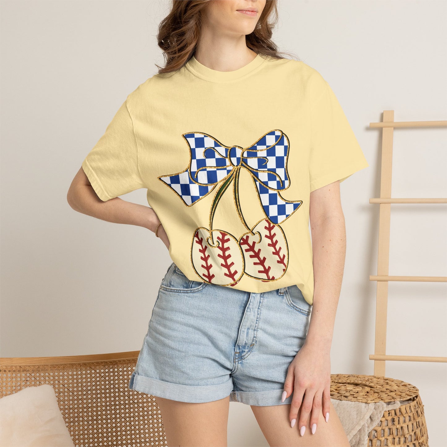 Checkered Bow Baseball Cherries T-Shirt | Sports Graphic Tee