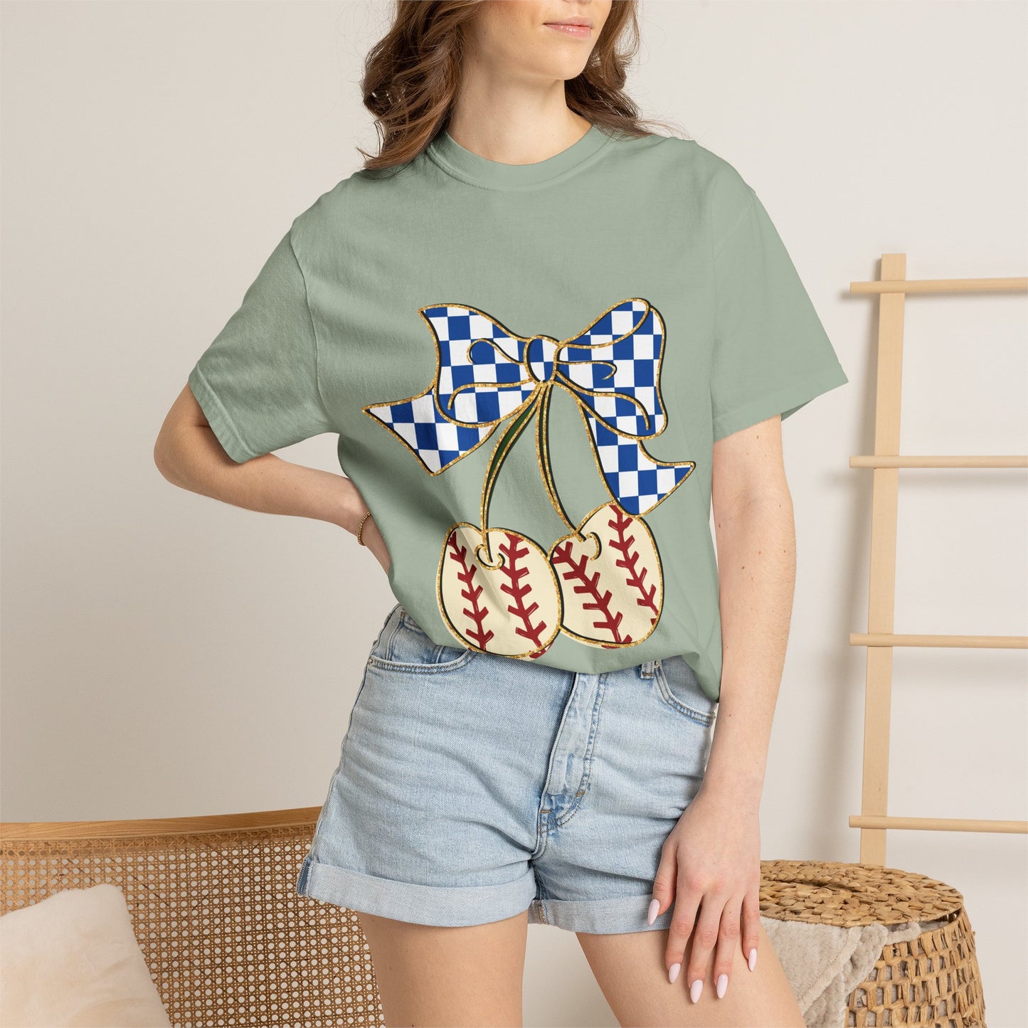 Checkered Bow Baseball Cherries T-Shirt | Sports Graphic Tee