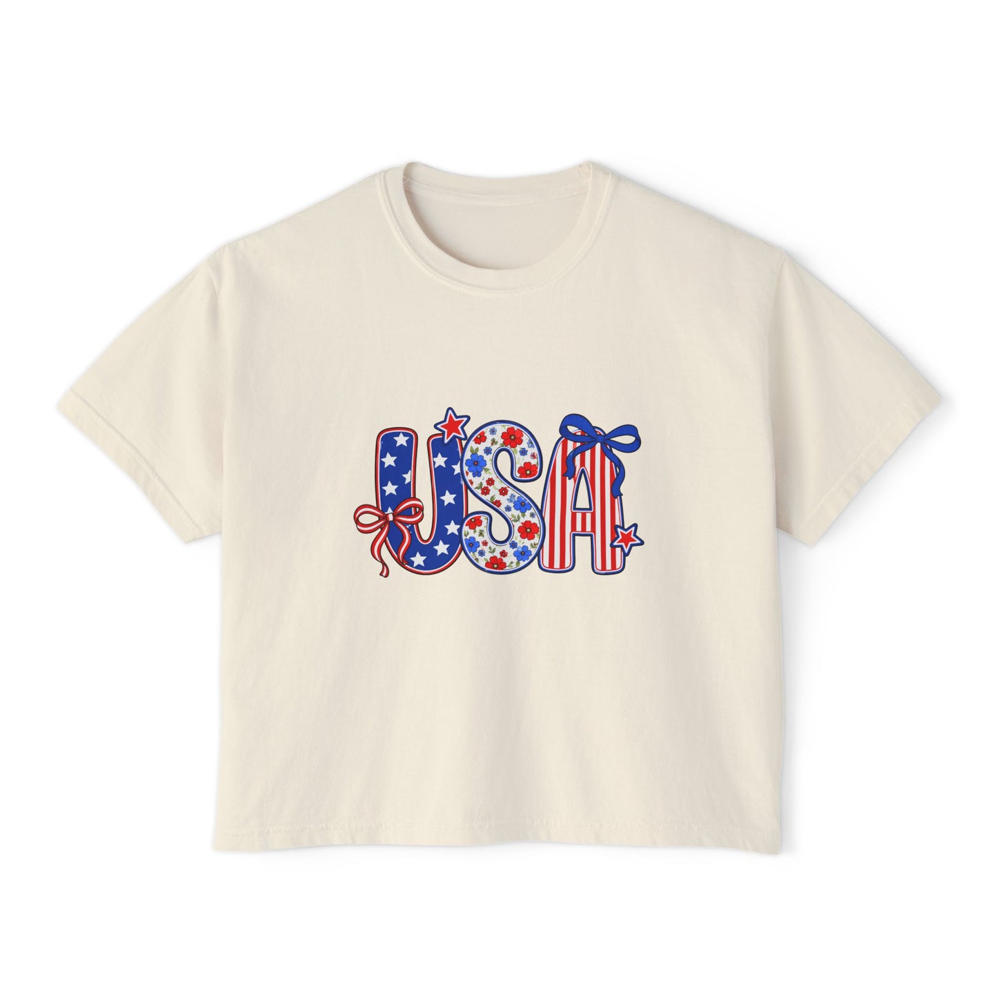USA Patriotic Boxy Tee — Women's 4th of July Red White Blue Graphic