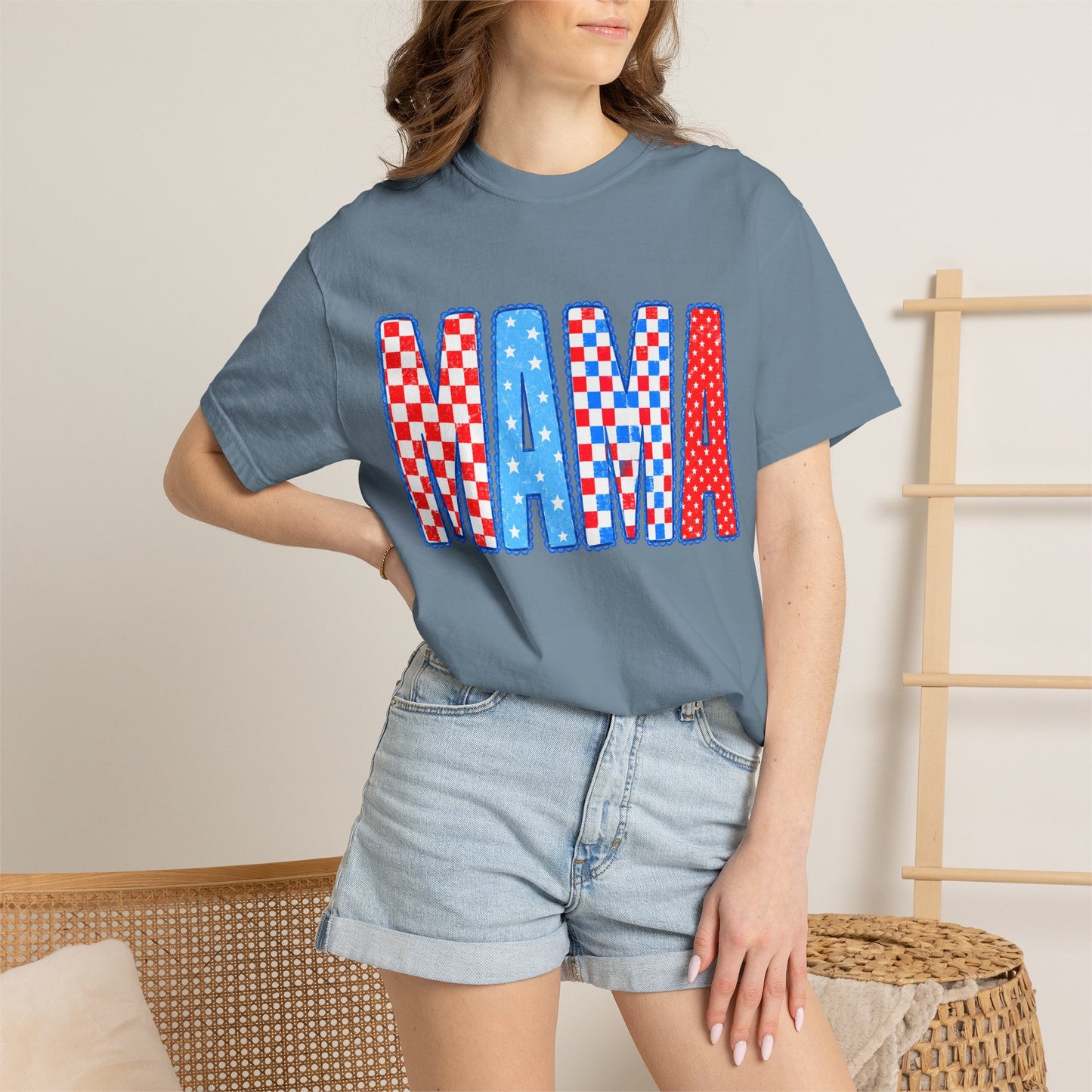 Mama Patriotic Graphic T-Shirt — Red, White & Blue Checkered Lettering
