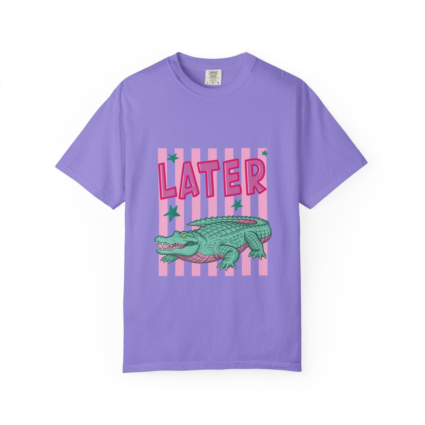 Later While T-Shirt — Retro Pink Striped Alligator Graphic Tee
