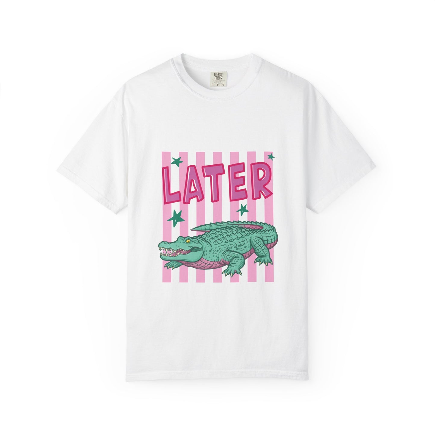 Later While T-Shirt — Retro Pink Striped Alligator Graphic Tee