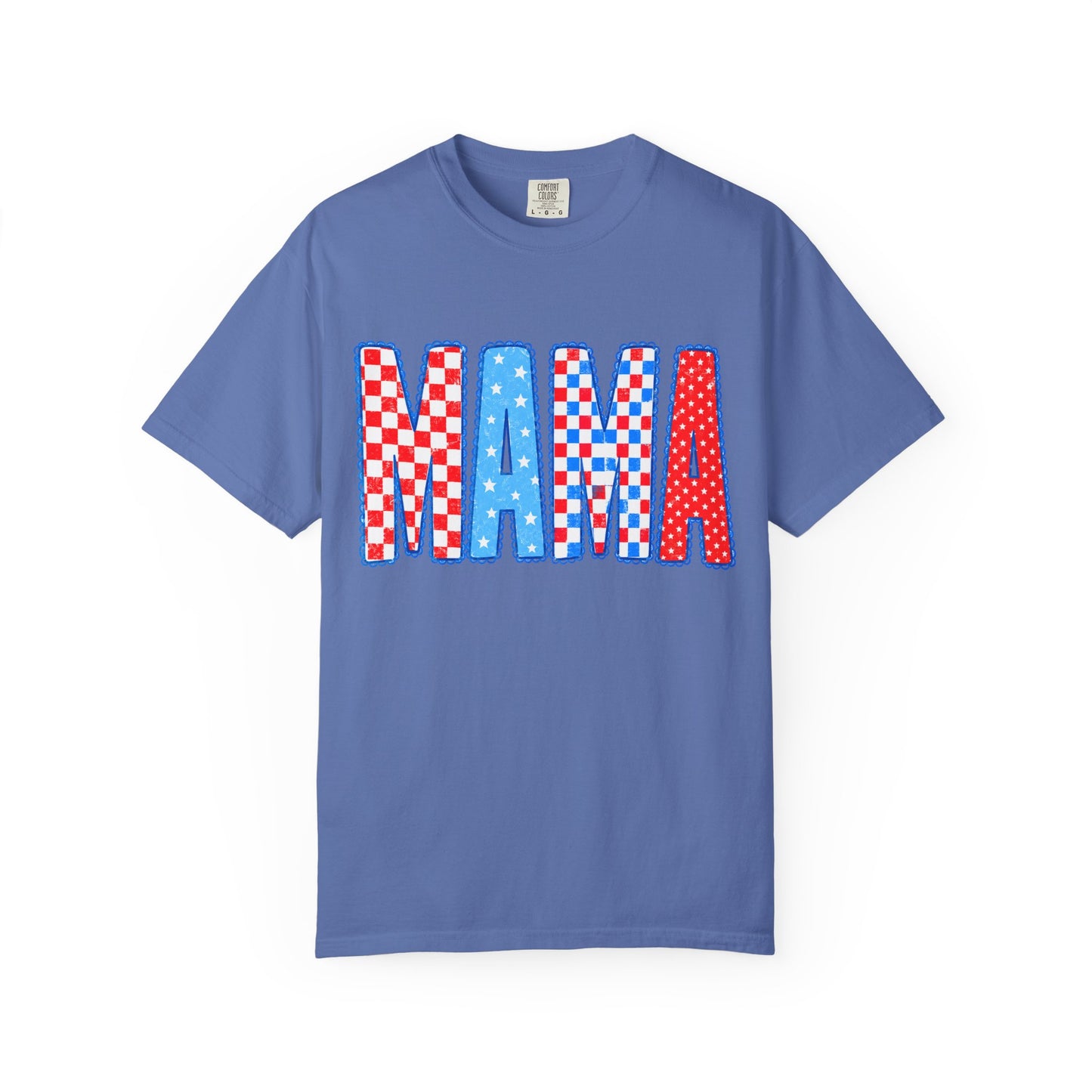 Mama Patriotic Graphic T-Shirt — Red, White & Blue Checkered Lettering