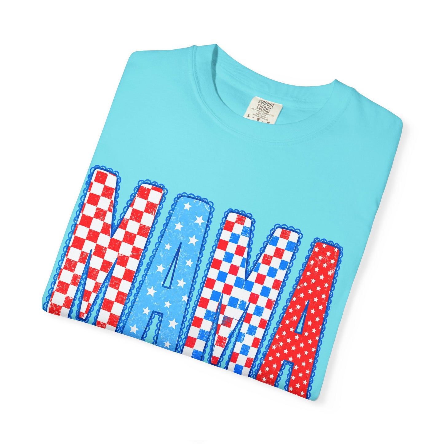 Mama Patriotic Graphic T-Shirt — Red, White & Blue Checkered Lettering