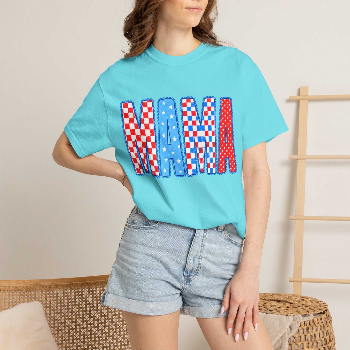 Mama Patriotic Graphic T-Shirt — Red, White & Blue Checkered Lettering