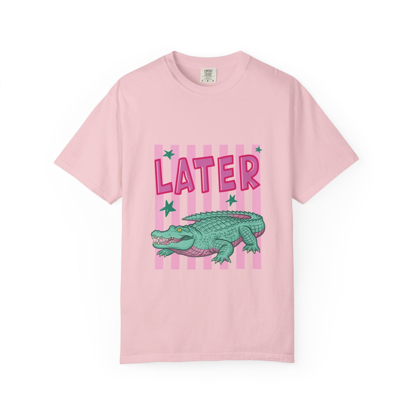 Later While T-Shirt — Retro Pink Striped Alligator Graphic Tee