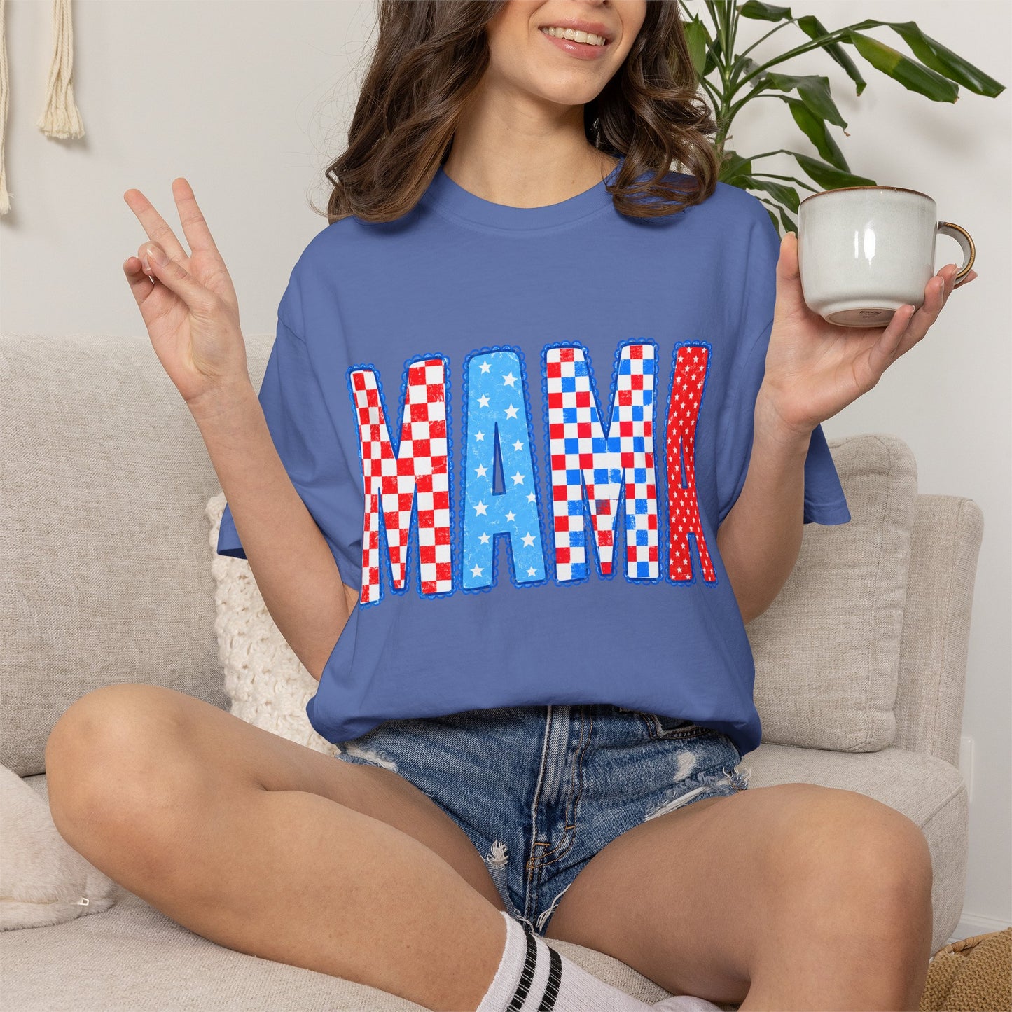 Mama Patriotic Graphic T-Shirt — Red, White & Blue Checkered Lettering
