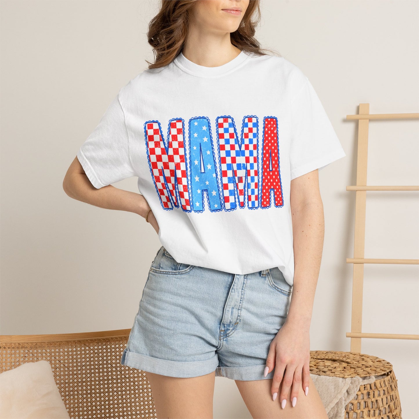 Mama Patriotic Graphic T-Shirt — Red, White & Blue Checkered Lettering