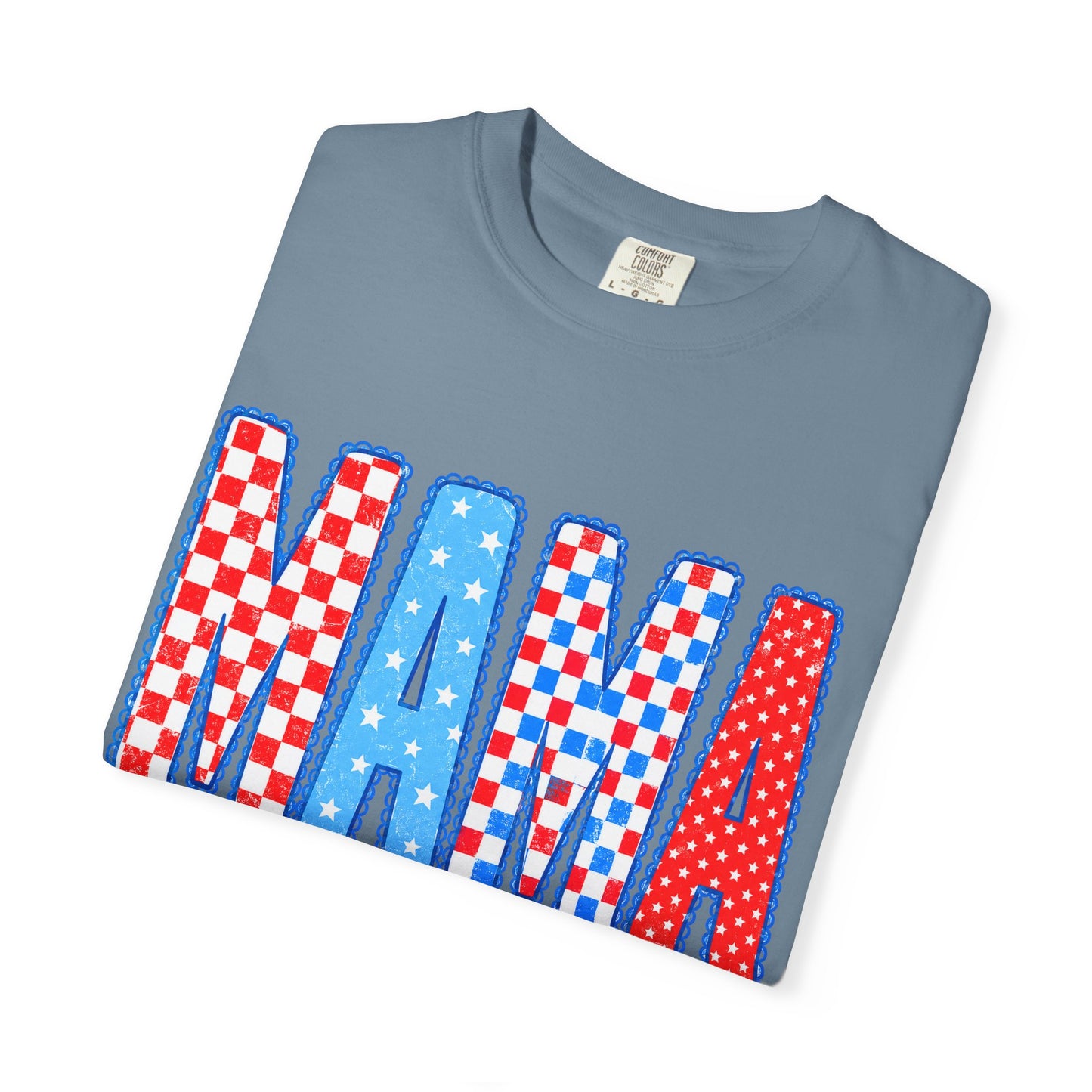 Mama Patriotic Graphic T-Shirt — Red, White & Blue Checkered Lettering