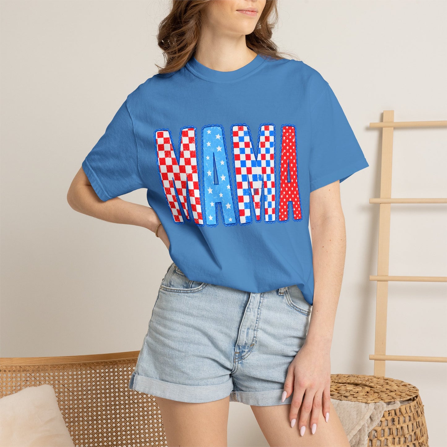 Mama Patriotic Graphic T-Shirt — Red, White & Blue Checkered Lettering