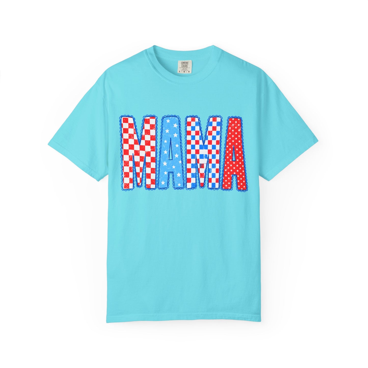 Mama Patriotic Graphic T-Shirt — Red, White & Blue Checkered Lettering