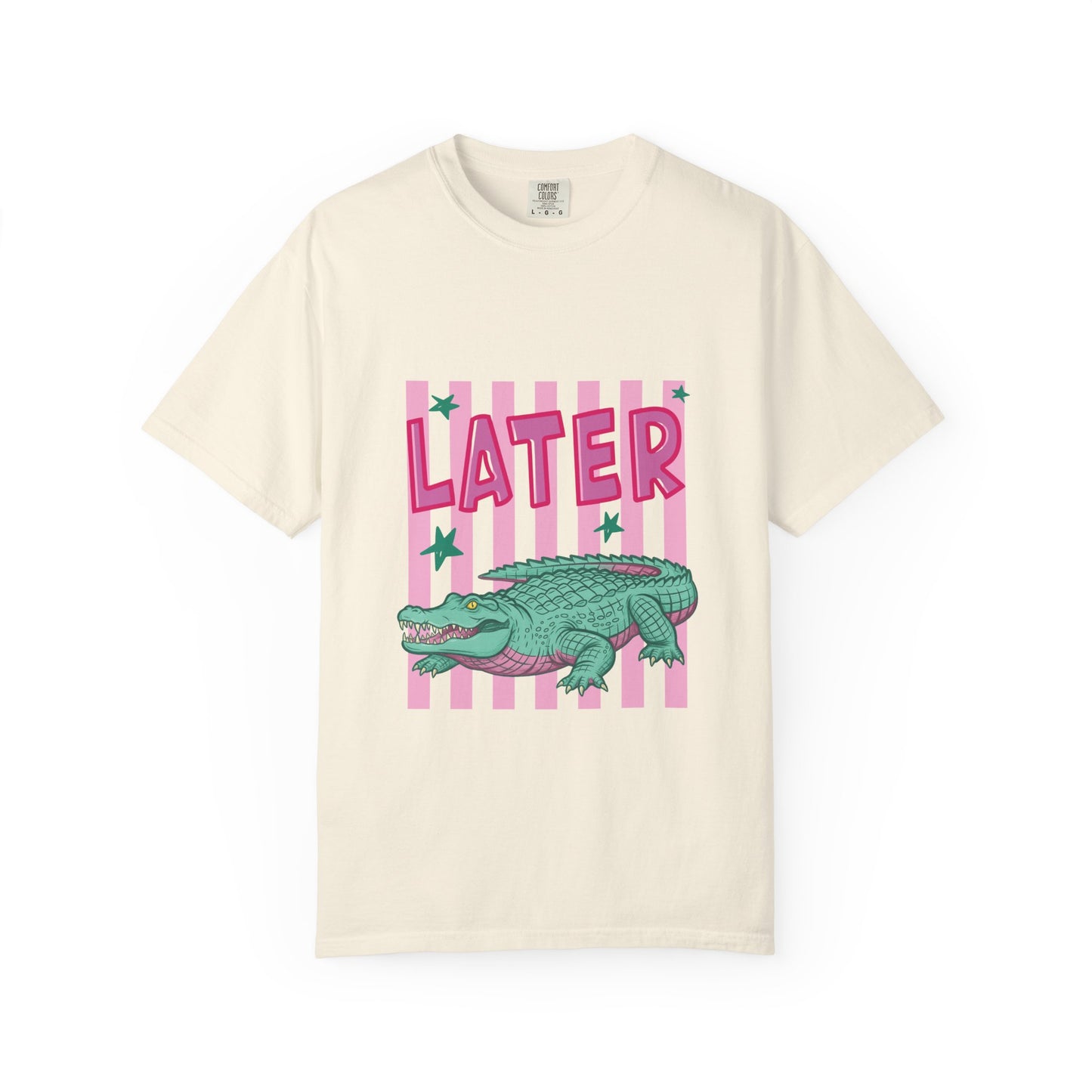 Later While T-Shirt — Retro Pink Striped Alligator Graphic Tee