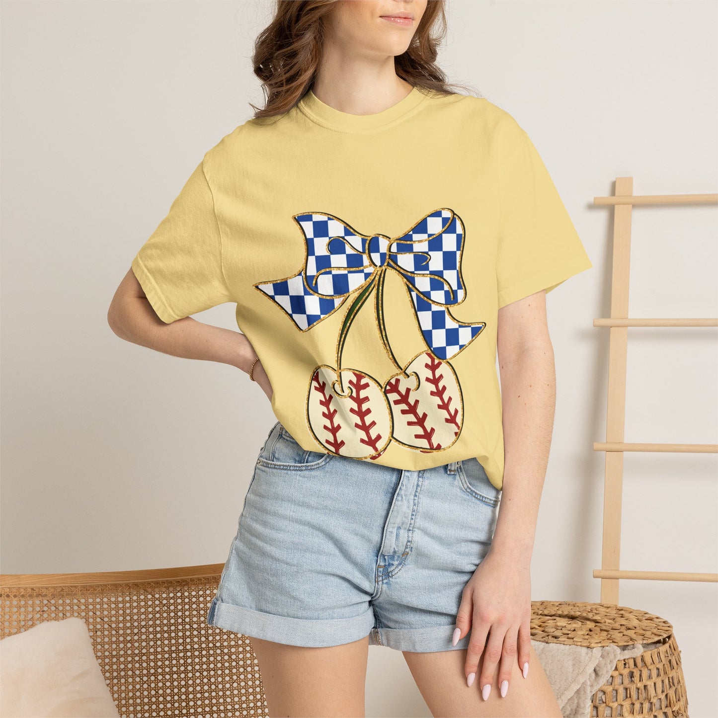 Checkered Bow Baseball Cherries T-Shirt | Sports Graphic Tee