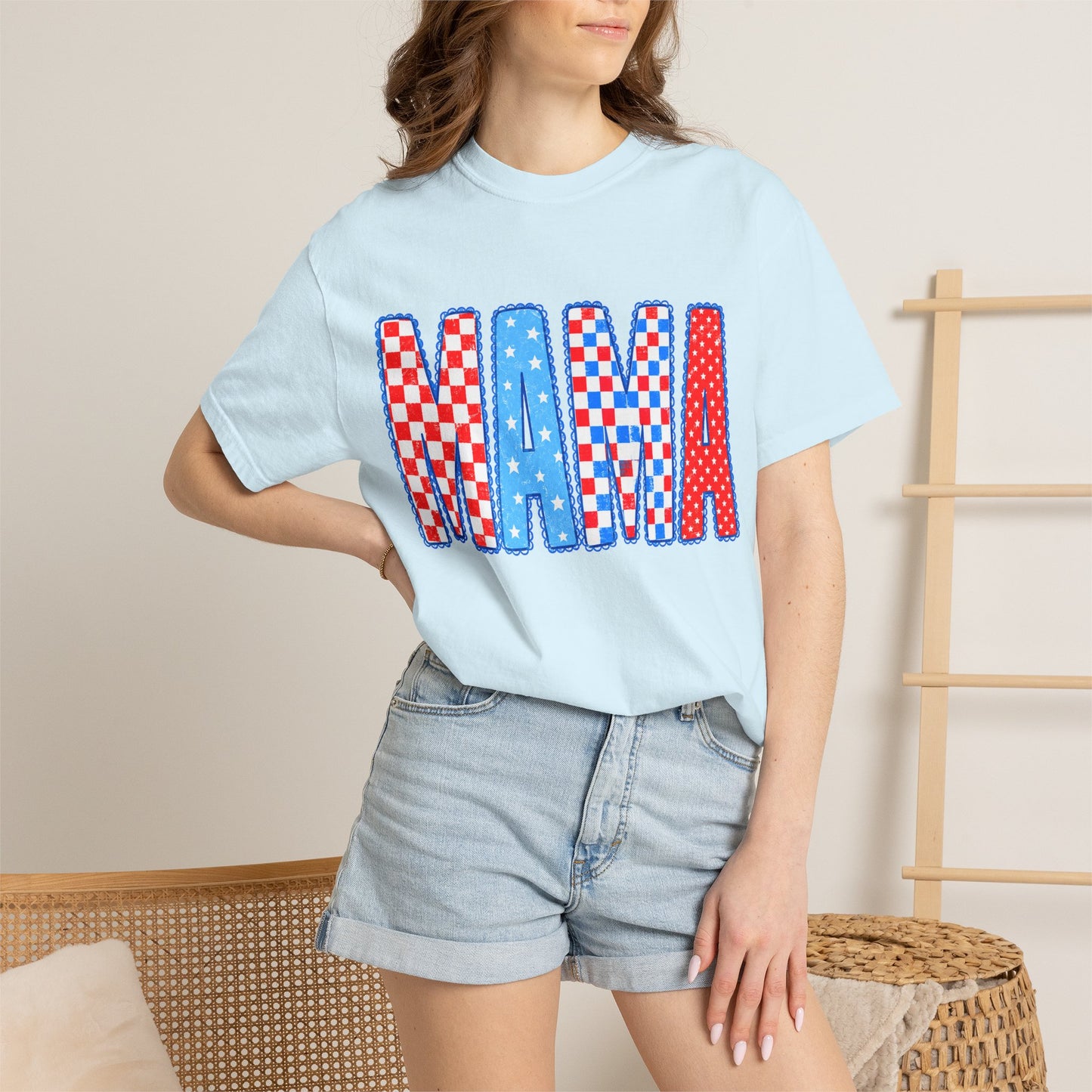 Mama Patriotic Graphic T-Shirt — Red, White & Blue Checkered Lettering