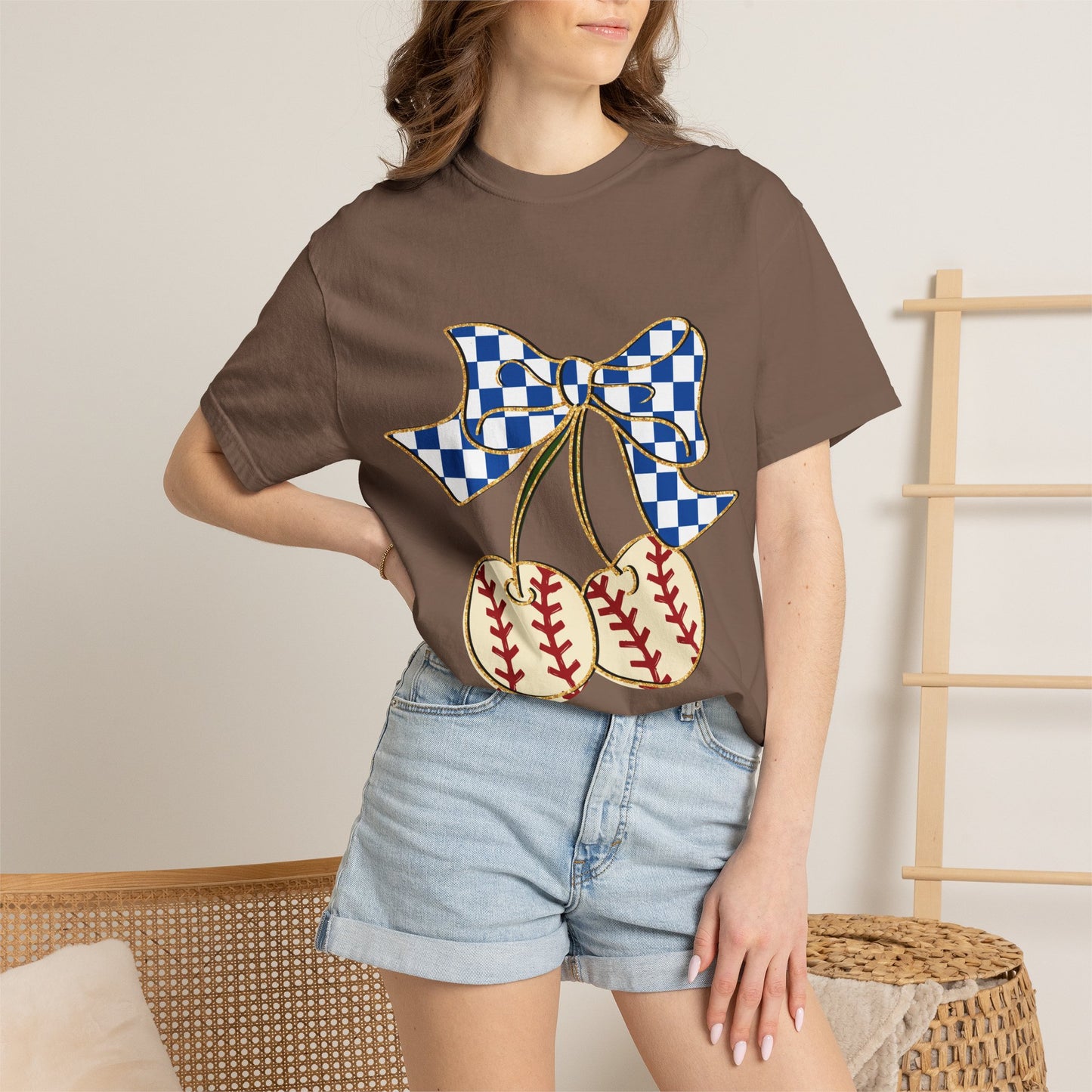 Checkered Bow Baseball Cherries T-Shirt | Sports Graphic Tee