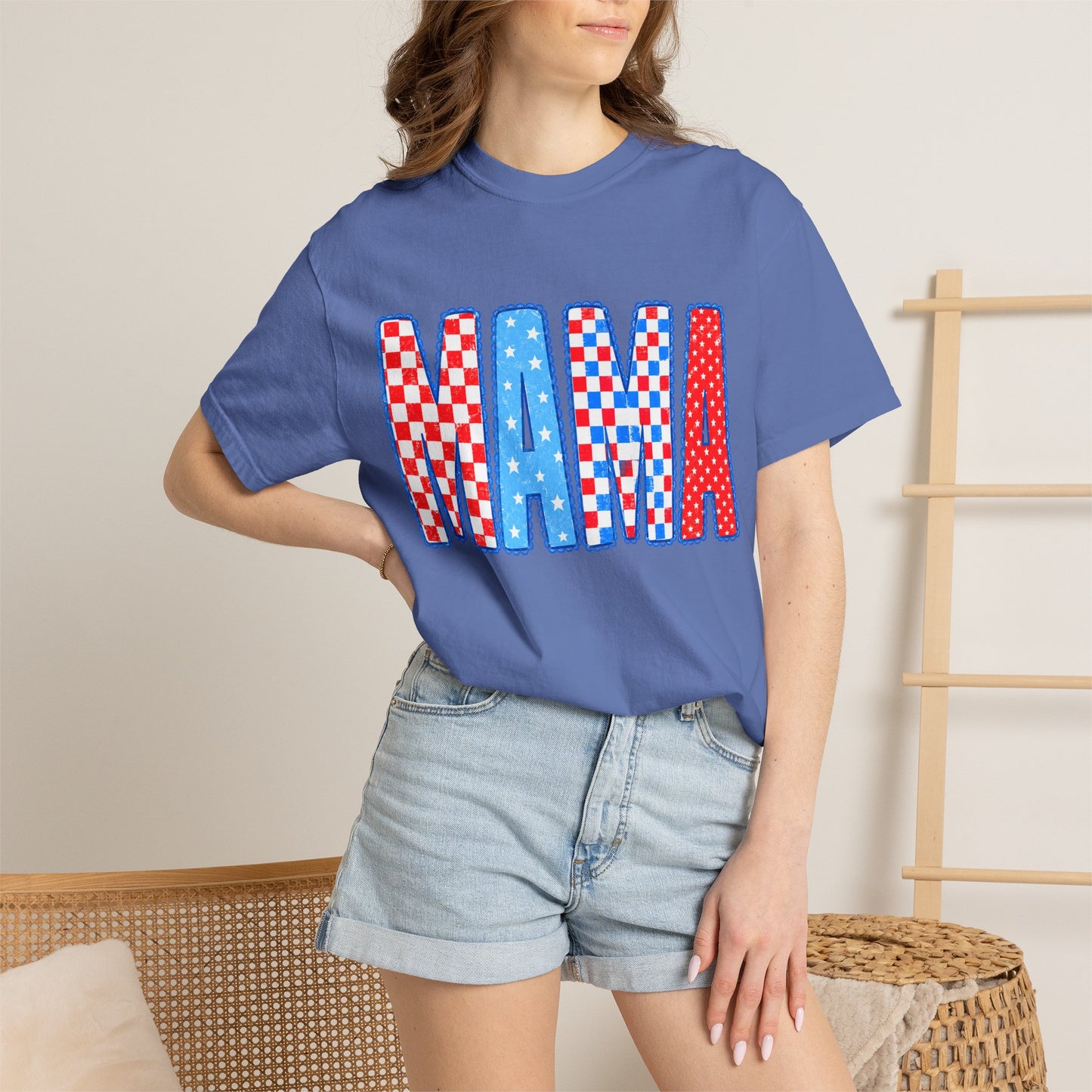 Mama Patriotic Graphic T-Shirt — Red, White & Blue Checkered Lettering