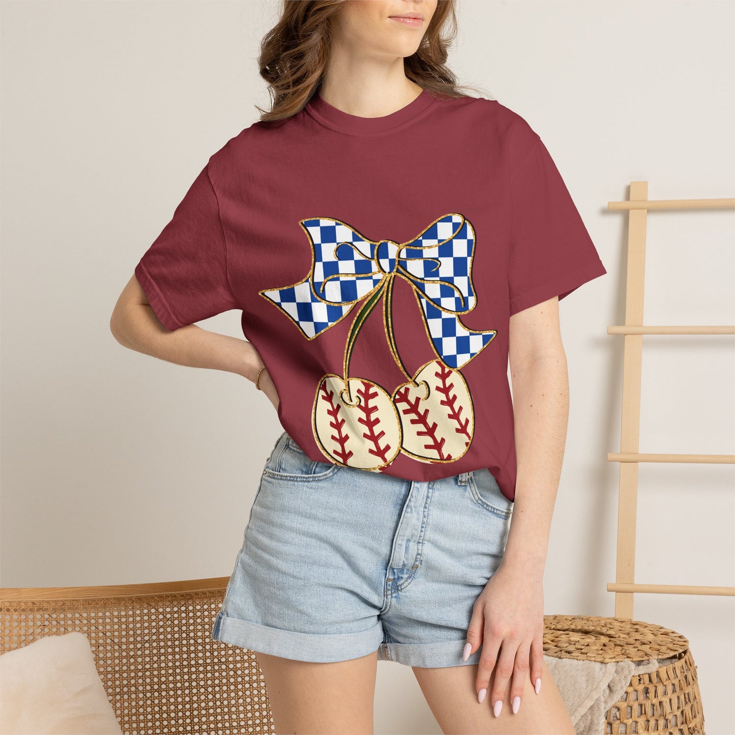 Checkered Bow Baseball Cherries T-Shirt | Sports Graphic Tee