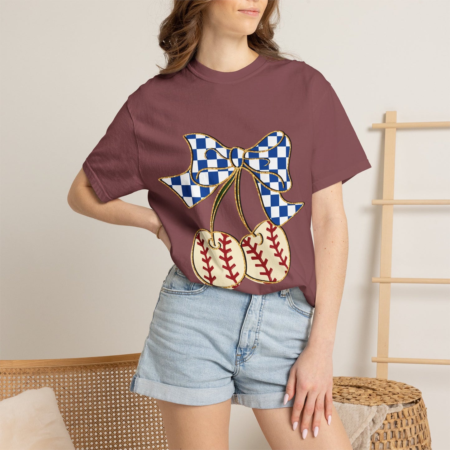 Checkered Bow Baseball Cherries T-Shirt | Sports Graphic Tee