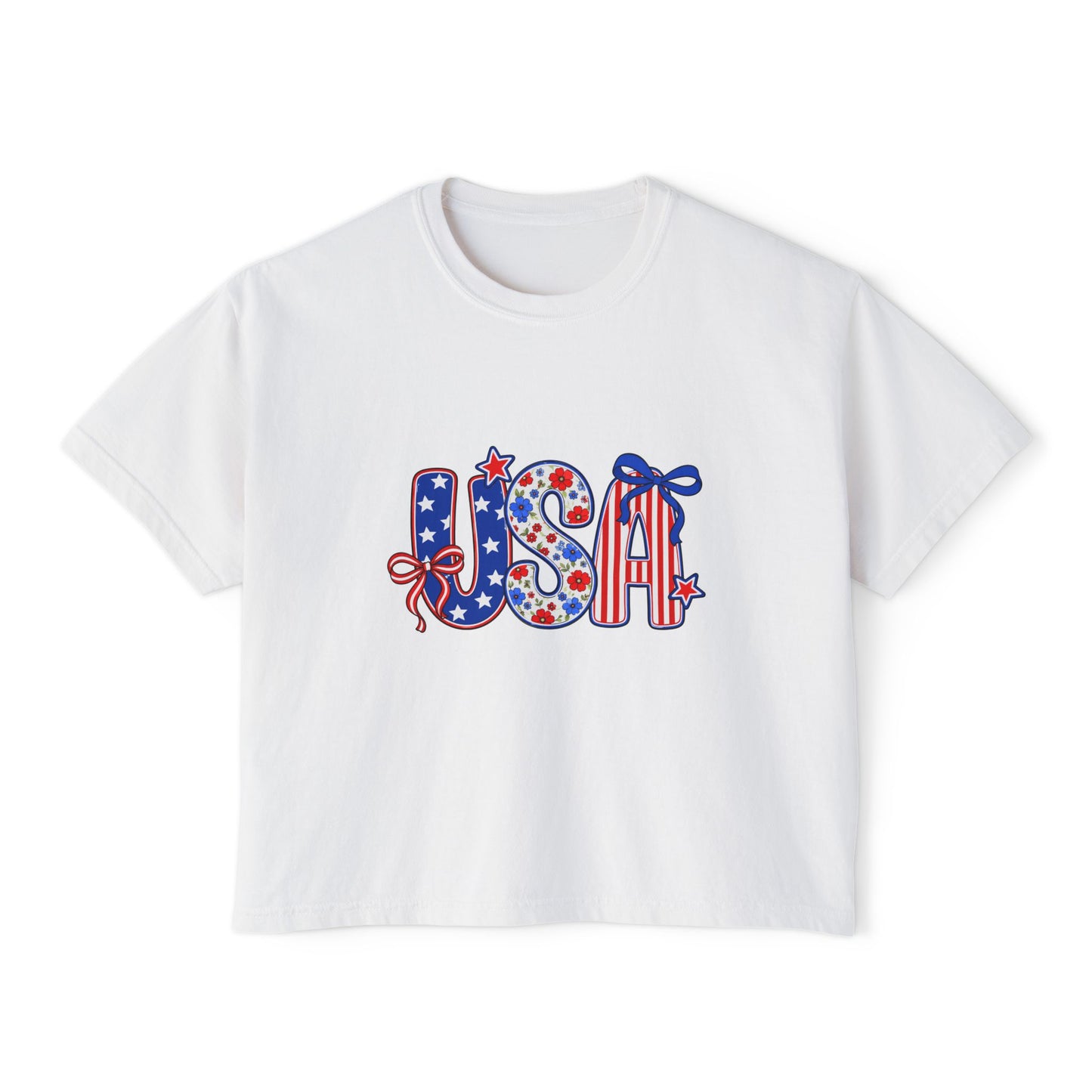 USA Patriotic Boxy Tee — Women's 4th of July Red White Blue Graphic