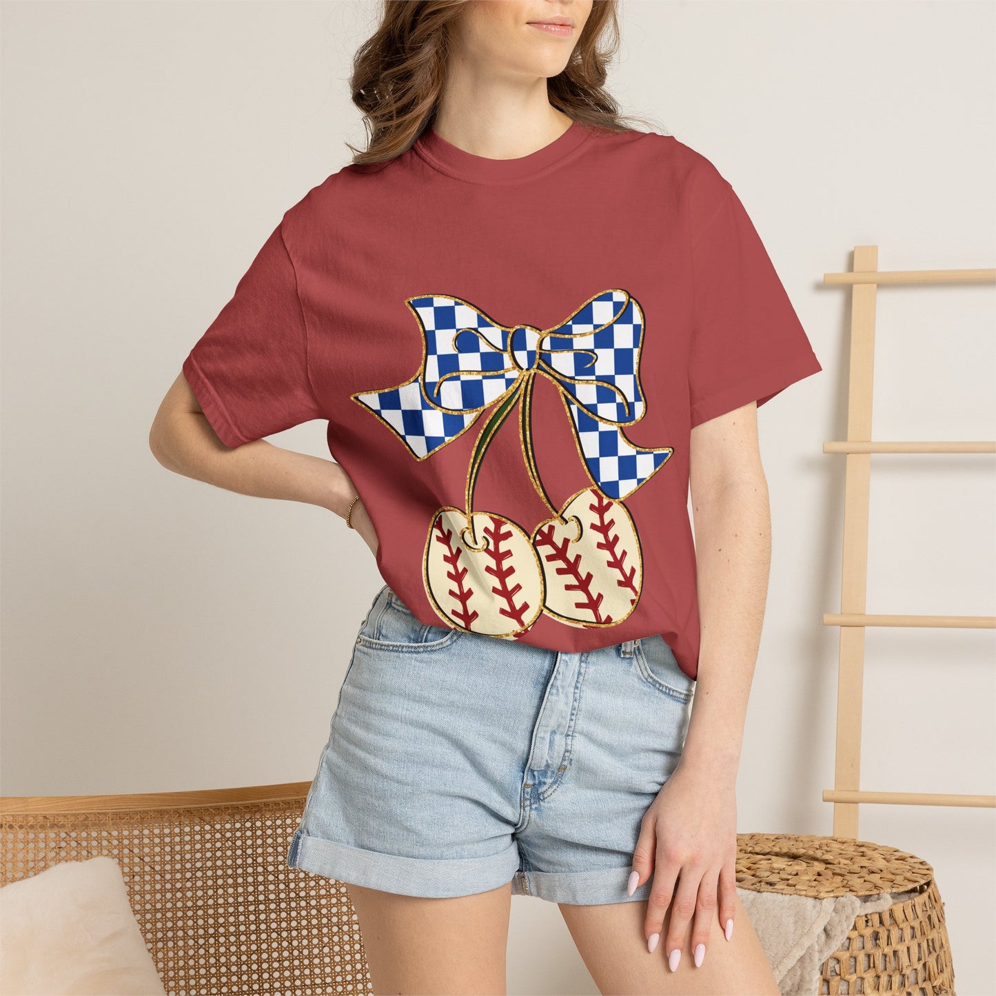 Checkered Bow Baseball Cherries T-Shirt | Sports Graphic Tee