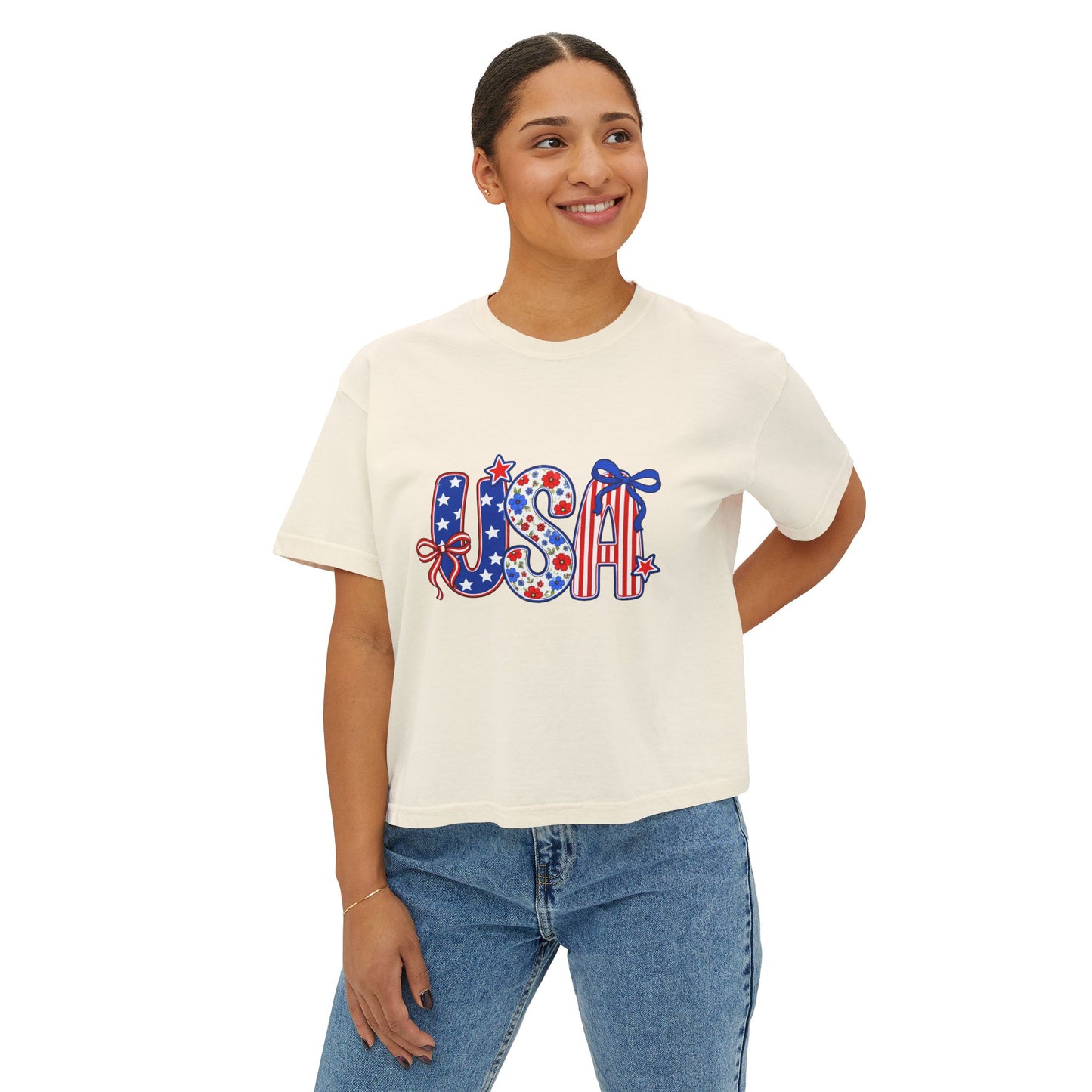 USA Patriotic Boxy Tee — Women's 4th of July Red White Blue Graphic
