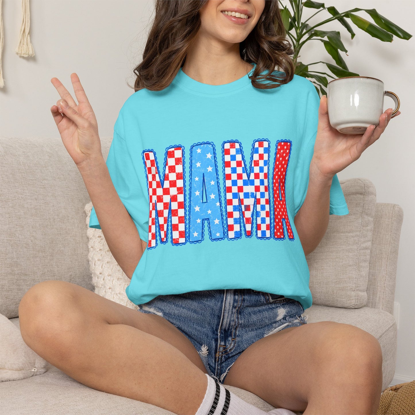 Mama Patriotic Graphic T-Shirt — Red, White & Blue Checkered Lettering